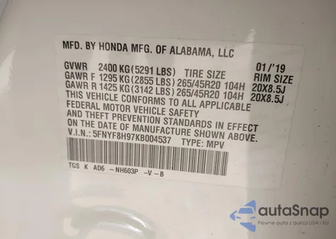 2019 Honda Passport Touring z USA, uszkodzony, nr VIN 5FNYF8H97KB004537
